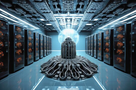 Futuristic data center driven by an artificial intelligence alien brain, AI generated