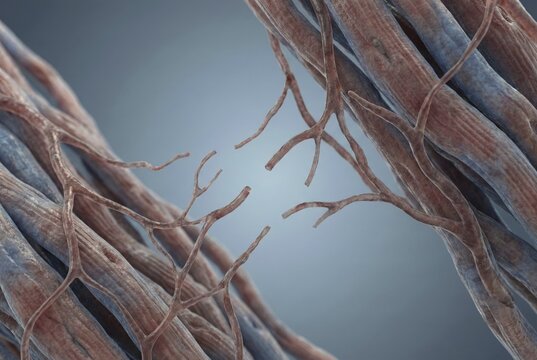 Microscopic view of the fine capillaries of the heart muscle showing the loss of small blood vessels (capillary rarefaction), a major cause of microvascular dysfunction and heart failure. Biomedical research, scientific visualisation, AI generated