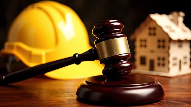 Gavel on wooden block with construction helmet and house model