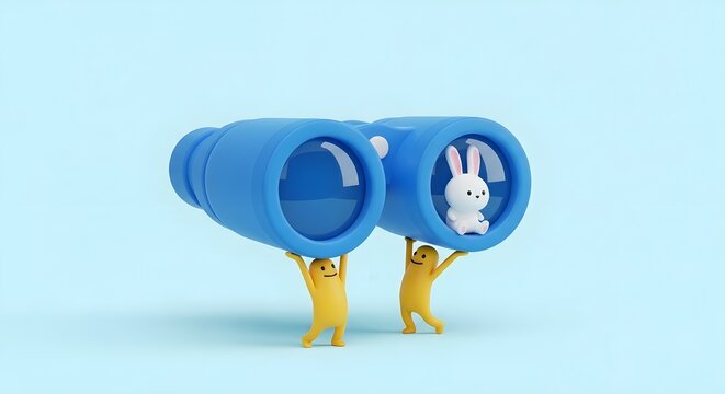 Tiny figures lifting giant binoculars with a rabbit inside