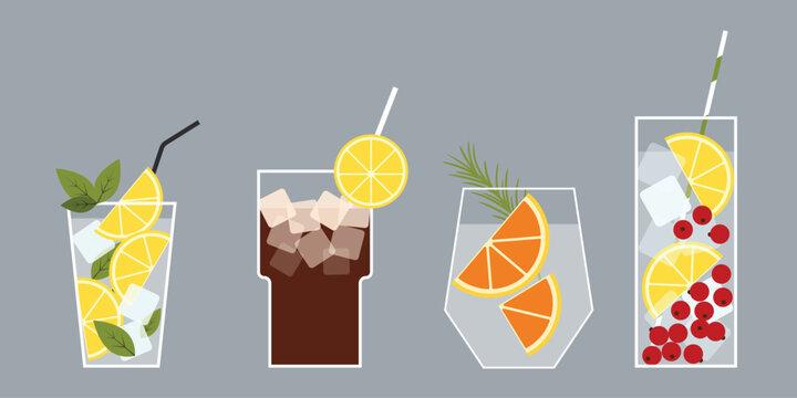 Vector illustration set of various summer cocktails including mojito iced cola orange spritz and berry drinks isolated on a grey background