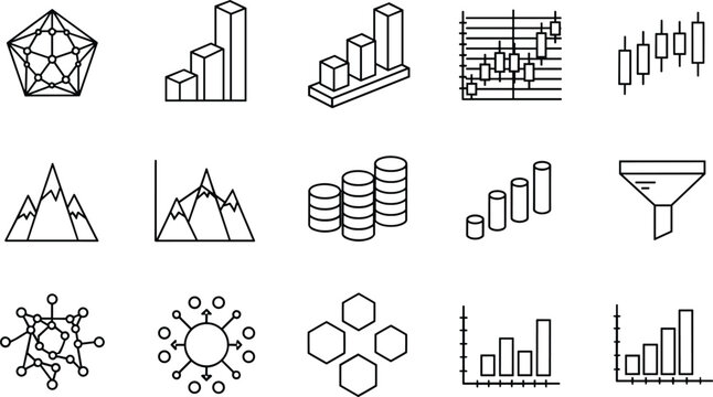 Business infographic financial chart icon set with outline data graphs analytics diagram elements for corporate presentation design