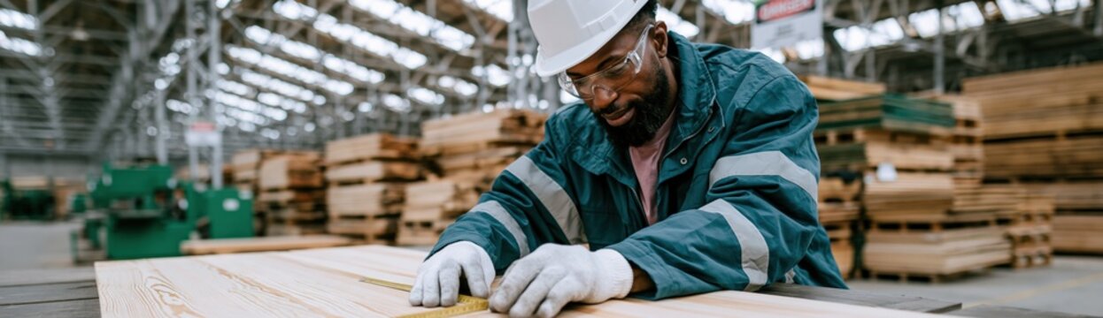 Black male worker checking plank alignment in lumber warehouse