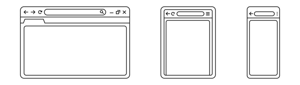 Browser window wireframes for desktop and mobile platforms with navigation bars tabs and search icons in line art style for web design concepts.