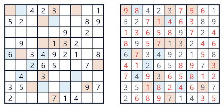 Sudoku evenodd solution page with completed and partially filled grids  