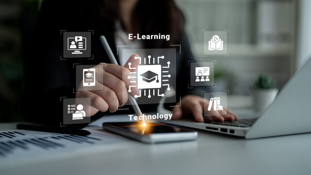 A professional user engages in digital education using a smartphone and laptop, showcasing e-learning technology symbols that highlight modern learning methods and innovation in education. Cyphers