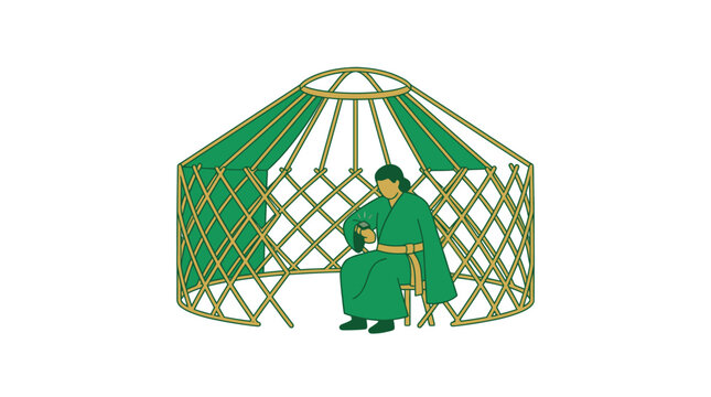 Mongolian ger dwelling with person inside, nomadic culture and traditional living, simple outline illustration