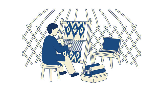 Person weaving intricate textile pattern inside yurt, laptop and stacked fabric nearby, cultural craft and traditional art
