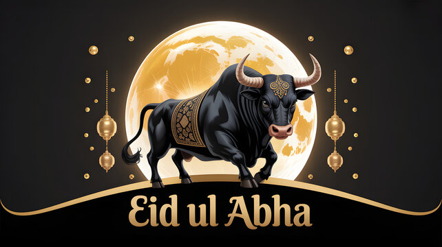 Eid ul Abha celebration with decorated black bull and full moon transparent background