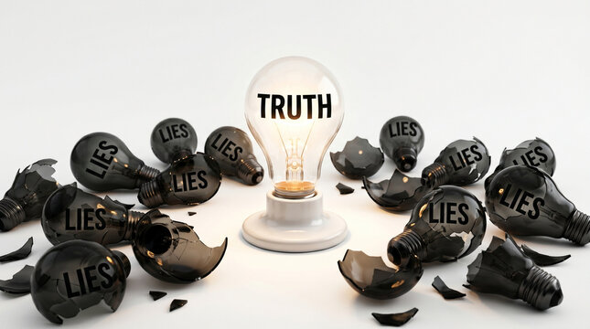 Glowing Truth Light Bulb Standing Among Broken Black Bulbs Labeled Lies Representing Honesty Concept