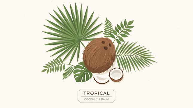 Tropical coconut composition with various exotic palm leaves and monstera foliage.