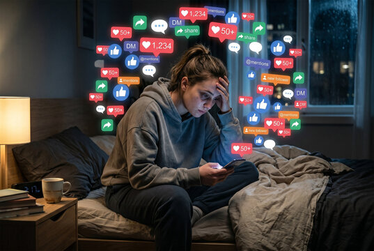 Stressed Teen Girl Overwhelmed by Social Media Notifications