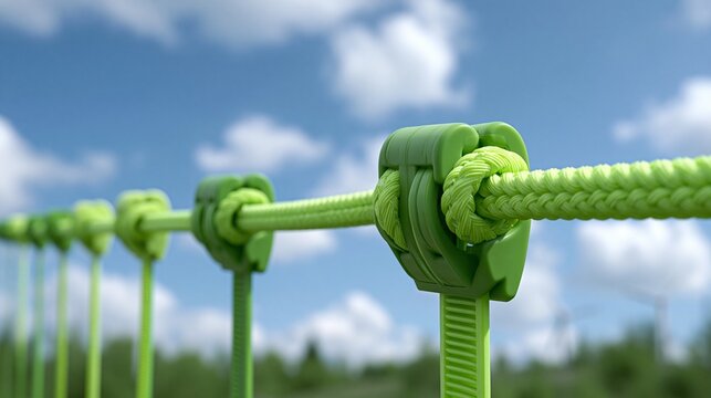 Closeup medium shot of UVstable biobased cable ties binding outdoor wires on a sunny day emphasizing durability and environmental responsibility in green cable management.