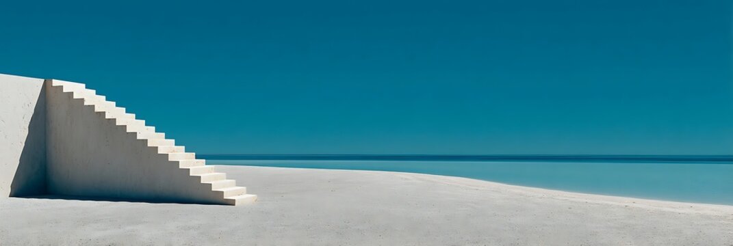 Minimalist white concrete staircase standing on a pristine white sand beach against a clear blue sky and calm turquoise ocean horizon in a surreal architectural landscape