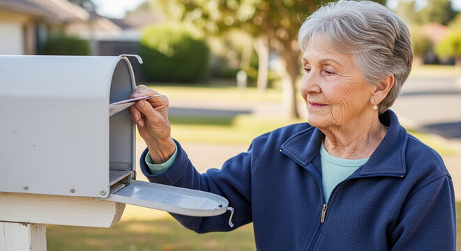 A senior woman collecting mail from her mailbox, representing communication, connection, and daily life activities in a suburban setting