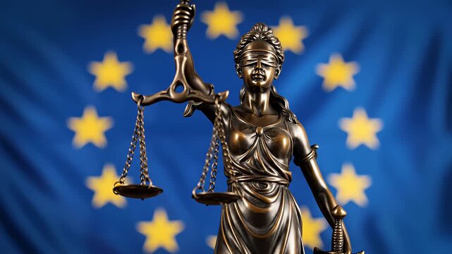 Justice statue silhouette in front of eu flag symbolizing law