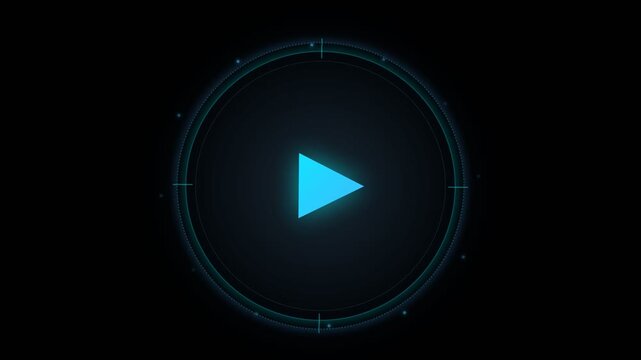 Vibrant glowing blue play button embedded within a futuristic high-tech circular interface, symbolizing multimedia playback, start, and digital interaction on a dark background