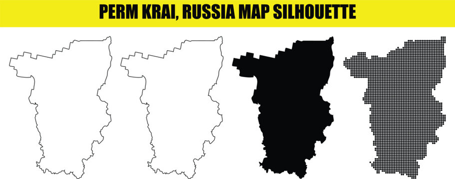 Perm krai russia map silhouette design set featuring white outline black contour solid shape dotted pattern design.