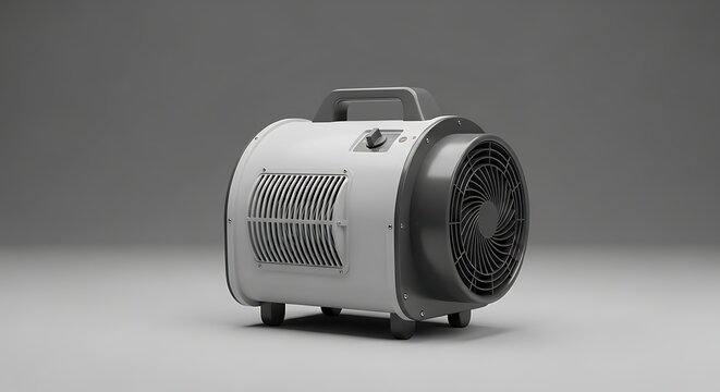 Industrial air mover fan for professional carpet drying and floor ventilation equipment isolated on a clean grey studio background for commercial use