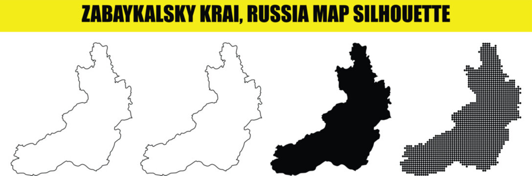Zabaykalsky krai russia map silhouette collection with detailed outline and solid black shapes for creative design.