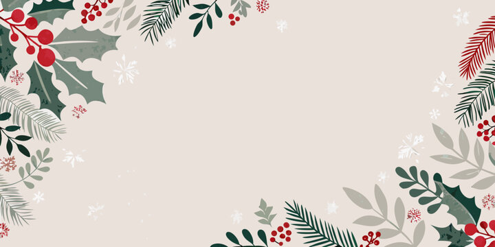 holly and pine foliage frame festive winter botanical illustration