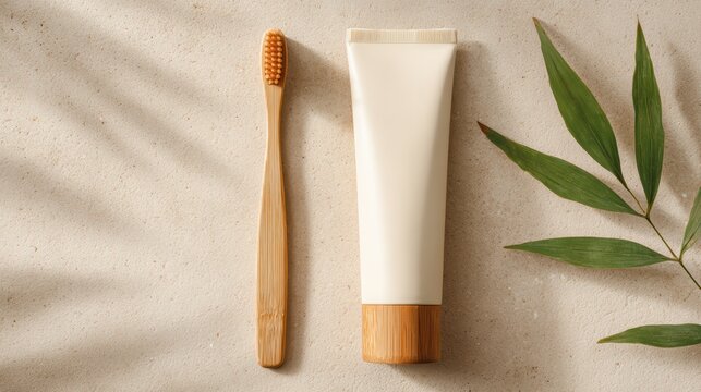 bamboo toothbrush and toothpaste tube on smooth mint colored surface, minimal eco friendly concept, hyper realistic canon photo, 8k, no logo, no text