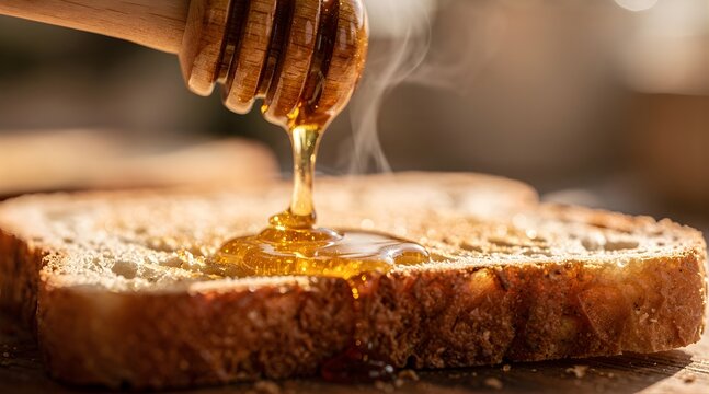 Golden honey drizzling from a wooden dipper onto a slice of crusty multigrain bread.