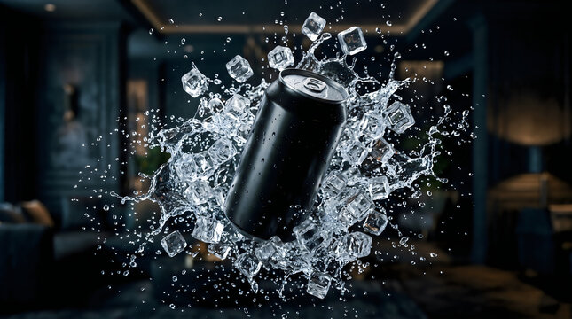 Black soda can explodes with ice cubes and water splashes in dark room