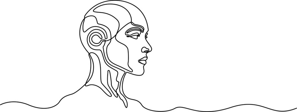 Continuous line drawing Robot head, futuristic cyborg, metallic line art, continuous one-line drawing