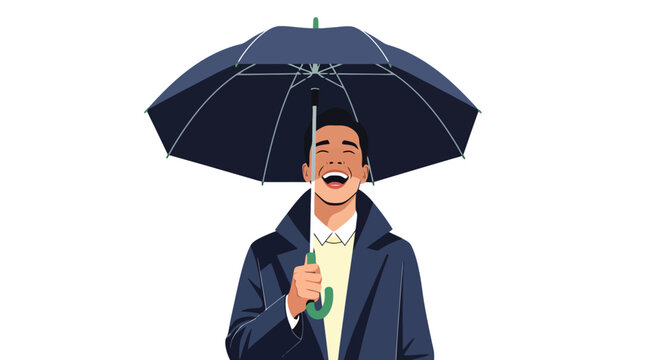 Man holding an open umbrella overhead with a joyful expression conveying happiness and protection from precipitation symbolizing good spirits during adverse weather conditions excellent for