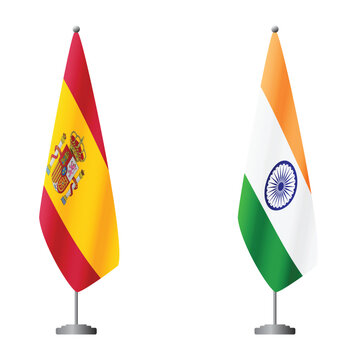 Spain and India flags on flagpoles for official ceremonies and meetings, transparent background vector