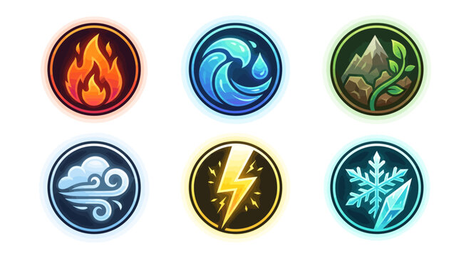 Set of Magic Elemental Icons: Fire, Water, Earth, Air, Lightning, and Ice