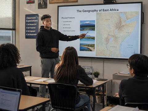 A confident young African American male teacher actively presents a detailed geography lesson on East Africa using a large interactive digital screen to a diverse group of attentive high school studen