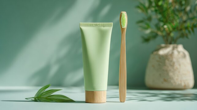 minimalist toothpaste squeeze tube placed next to bamboo toothbrush, eco friendly pastel green palette, soft extended surface composition, clean natural lighting