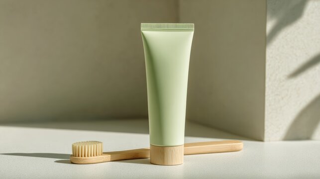 minimalist toothpaste squeeze tube placed next to bamboo toothbrush, eco friendly pastel green palette, soft extended surface composition, clean natural lighting