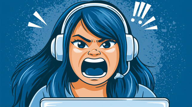 Angry gamer girl with headset screaming in frustration frustrated screaming computer