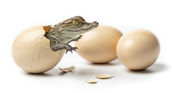 Baby Crocodile Hatching from Egg on White Background