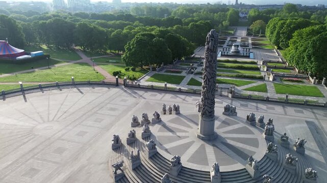 Aerial drone view of the obelisk statue tourist attractions at Vigeland sculpture park in Oslo, Norway.