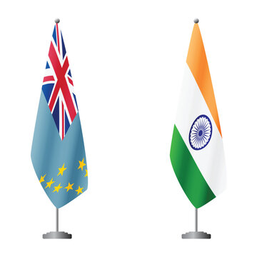 Tuvalu and India flags on flagpoles for official ceremonies and meetings, transparent background vector