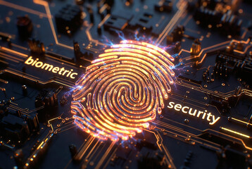 Fototapeta premium A glowing, digital fingerprint graphic is displayed on a complex circuit board representing biometric security technology.