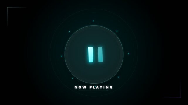 Futuristic play button interface with glowing blue pause symbol and now playing text on a dark background