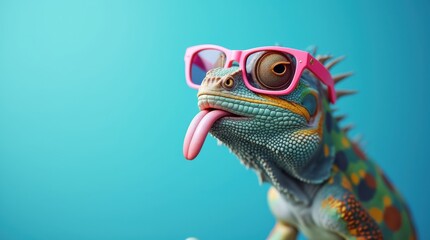 Fototapeta premium Funny animal - Celebration, happy birthday, summer party, greeting card banner - chameleon reptile with sunglasses and tongue stuck out, isolated on blue background texture
