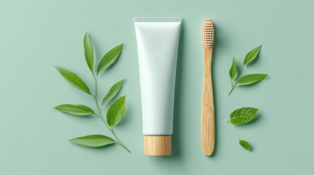 toothpaste squeeze tube and bamboo toothbrush on minimal mint colored surface, fresh eco aesthetic, ultra realistic studio photo