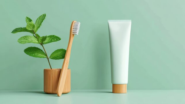 toothpaste squeeze tube and bamboo toothbrush on minimal mint colored surface, fresh eco aesthetic, ultra realistic studio photo