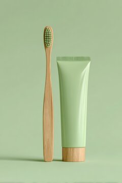 vertical composition bamboo toothbrush and toothpaste tube standing side by side, soft pastel green surface and background palette, ultra realistic product photography