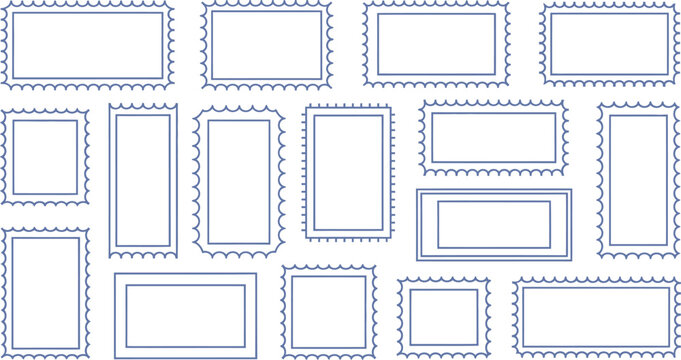 Postage stamp icon set containing blue outline frames of blank serrated border templates for mail correspondence and philately collection