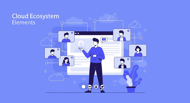 Cloud Ecosystem Concept, Remote Collaboration, Virtual Network, Digital Connections