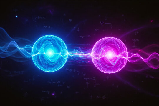 Abstract quantum entanglement in deep space. Two glowing, subatomic particle spheres linked by a powerful wave of energy. Faint physics equations drift in the dark background of quantum mechanics