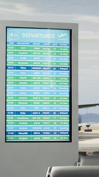 Vertical video Close up of empty airport metal chairs rows wait for arriving travelling tourists. Departure timetable electronic display in airport terminal listing upcoming international flights