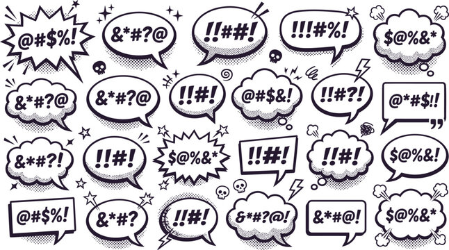 Collection of hand-drawn speech bubbles with profanity and exclamations black and white